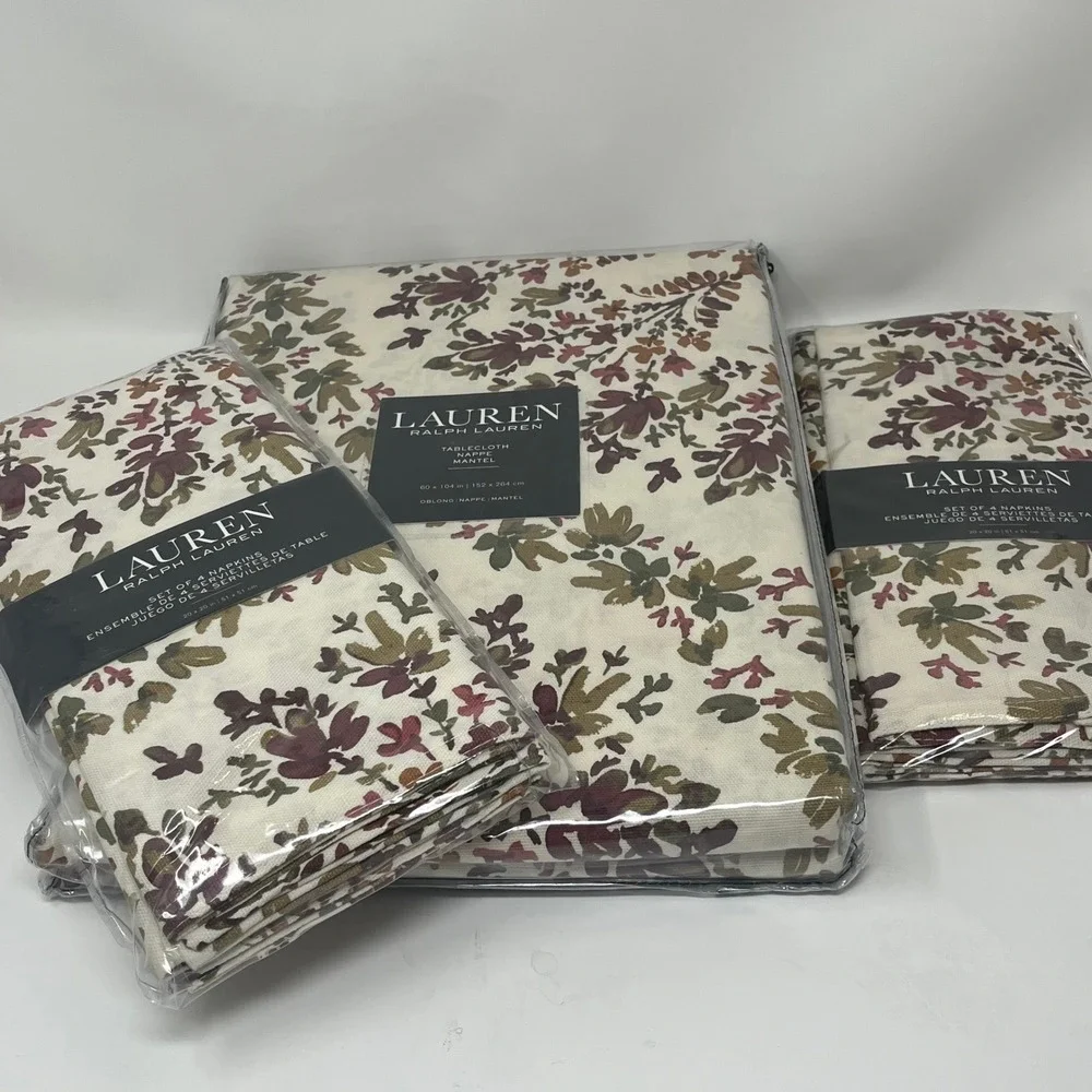 Lauren Ralph Lauren Oblong 60x104 Tablecloth & 8 Napkins Set Cream Floral Cotton
